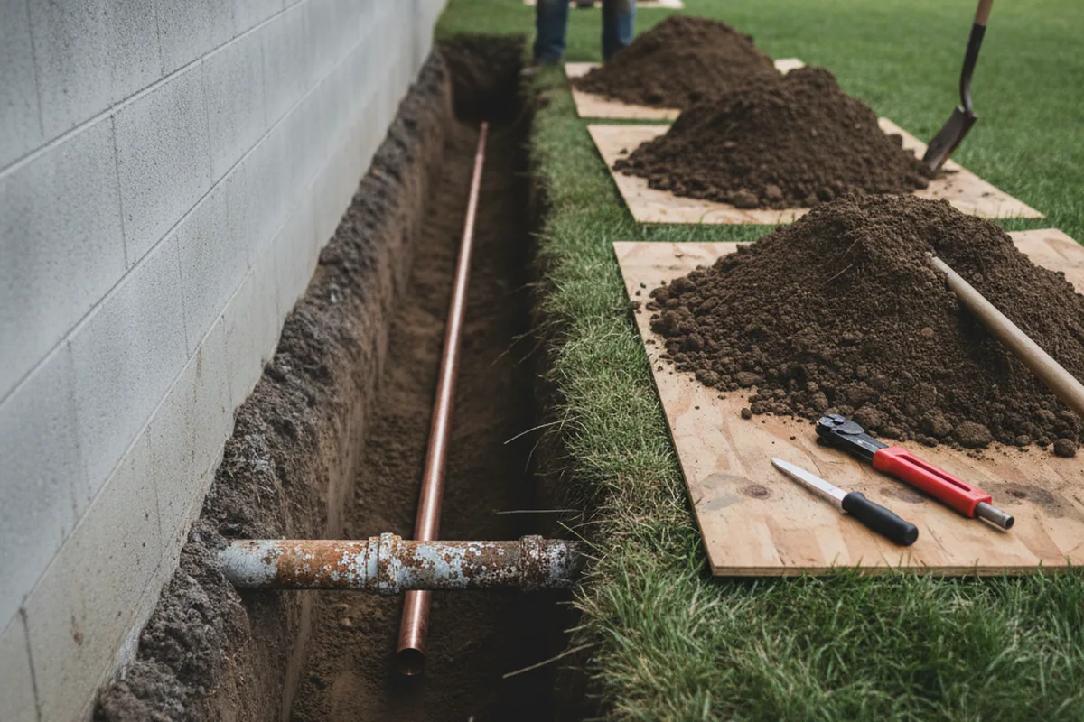 Excavated water line trench during Water Heater Repair in Rancho Santa Margarita